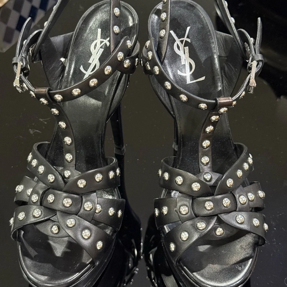 Saint Laurent TRIBUTE SILVER STUDDED Sandals RARE/ EUC - Picture 4 of 14